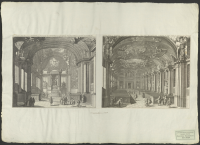 Avbildning av den praktfulla och vackert utsmyckade kyrkan i Stockholms slott, inredd med mycken bekostnad år 1694 av den stormäktige konungen Karl XI (interiör mot väster) || Högkoret i Stockholms slottskyrka, som den mäktige konungen Karl XI lät inreda med mycken omsorg och kostnad år 1694 (interiör mot öster)