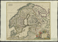 Novissima nec non perfectissima Scandinaviæ tabula comprehendens regnorum Sueciæ, Daniæ et Norvegiæ distincté divisam descriptionem.[Kartografiskt material]