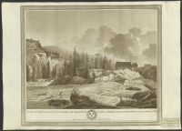Utsigt af första fallet och sågqvarnen vid Trollhättan. Vue de la premiere chute de Trollhätta et du Moulin a scie..[Bild]