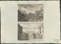 Den vittberömde herr baronens, hovmarskalkens och överintendentens över de kungliga byggnaderna och trädgårdarna Nikodemus Tessins palats i Stockholm nära slottet || Interiör av samma palats och trädgård från söder