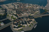 Riddarholmen med flera statliga byggnadsminnen, bl.a. Riddarholmskyrkan, I bildens övre del Gamla stan. Uppe till vänster Kungliga slottet